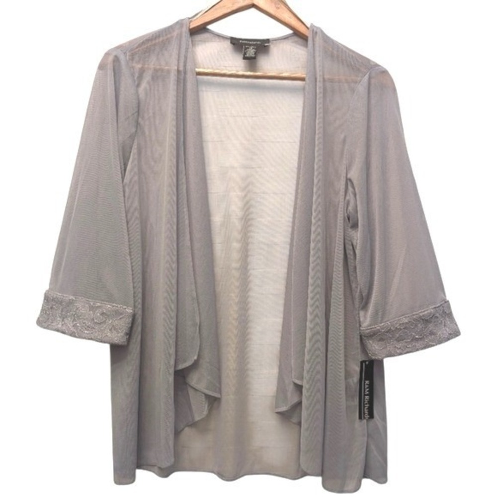 R&M Richards Womens Silver Sheer Mesh Open‎ Front Cardigan Jacket Lace Cuff 14
